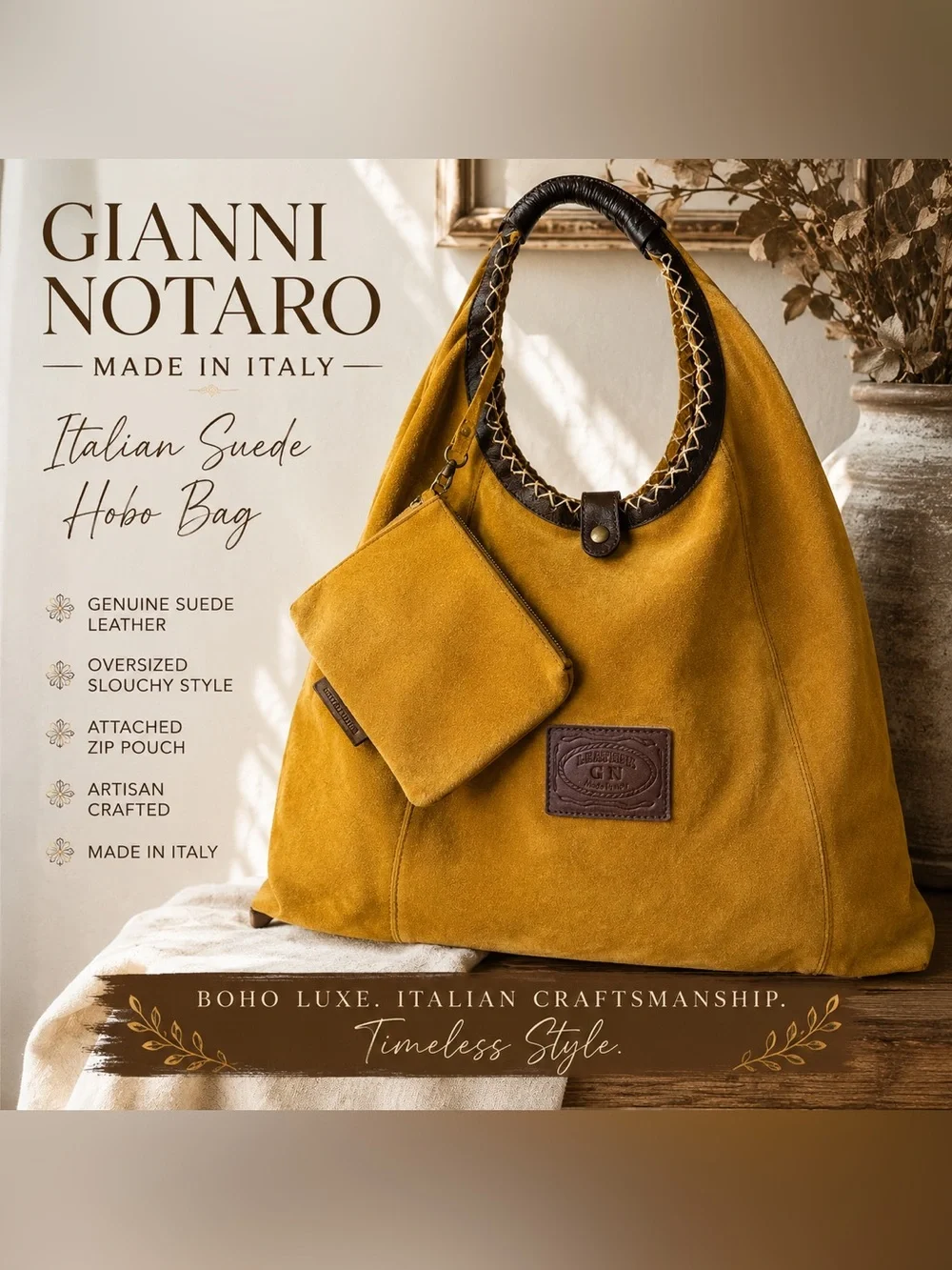 Gianni Notaro Italian Suede Hobo Bag - Mustard Made in Italy Shoulder Bag
